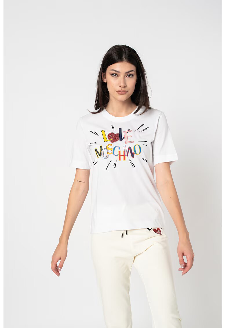 Love Moschino Tricou cu imprimeu logo si decolteu la baza gatului - Rosu/Alb