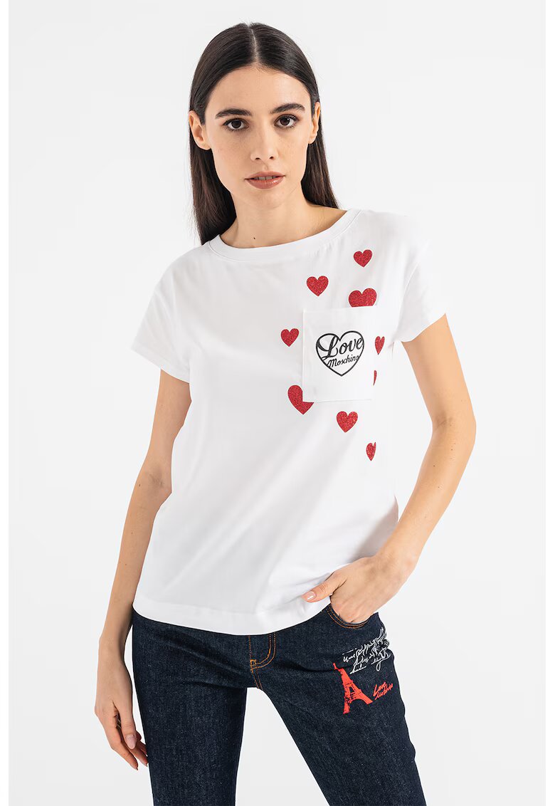 Love Moschino Tricou cu imprimeu si buzunar pe piept - Rosu/Alb optic
