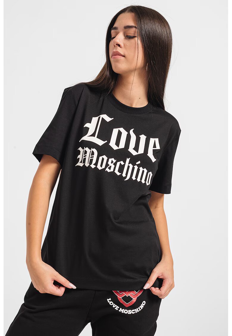 Love Moschino Tricou de bumbac cu imprimeu logo - Alb/Negru