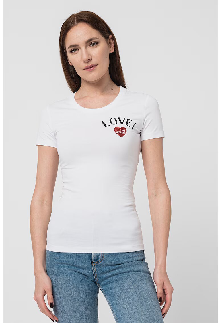 Love Moschino Tricou slim fit cu imprimeu logo - Alb