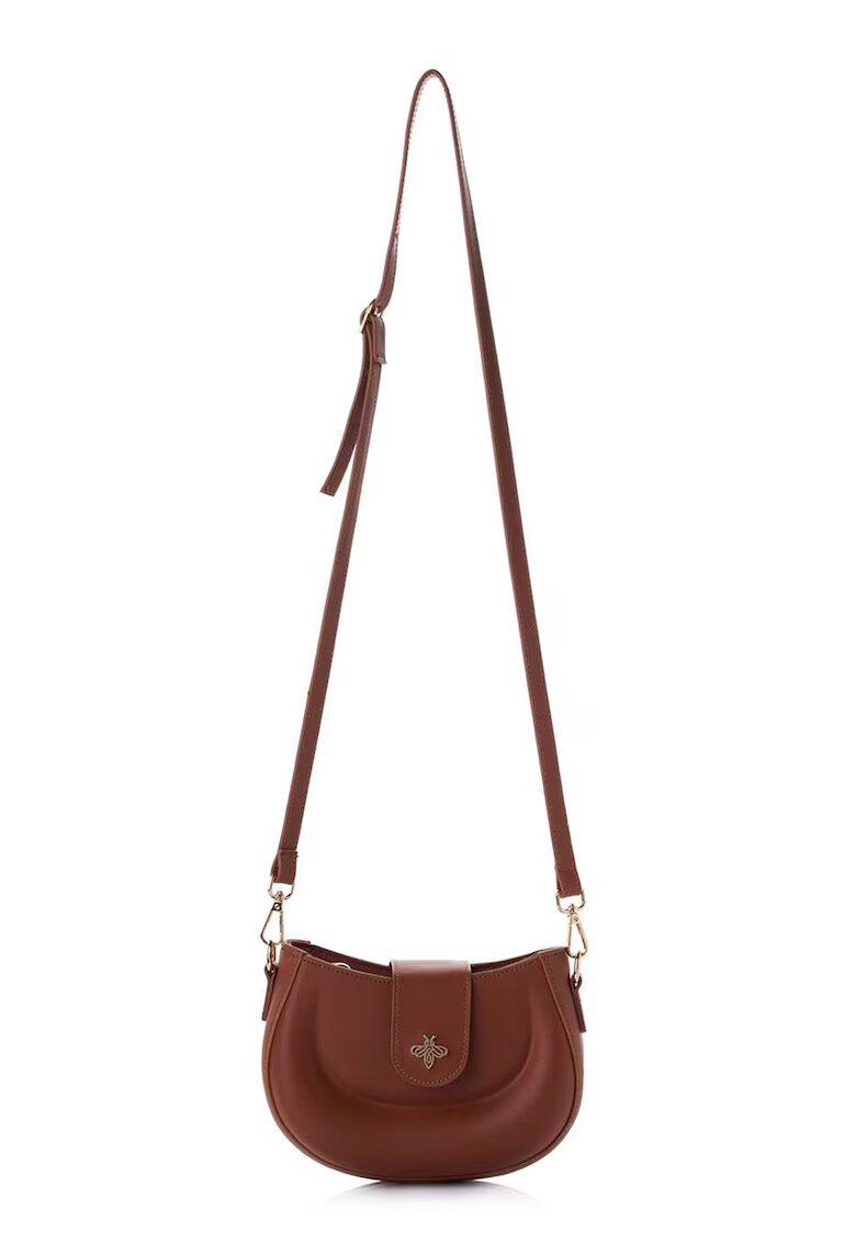 Lucky Bees Geanta crossbody de piele ecologica cu logo metalic - Maro scortisoara
