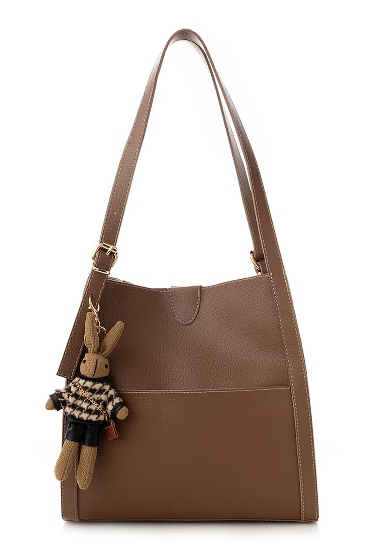 Lucky Bees Geanta de piele ecologica cu bareta de umar si accesoriu - Maro