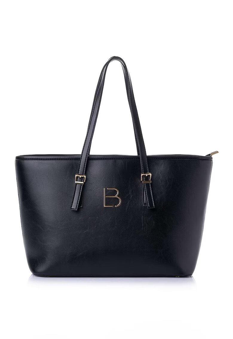 Lucky Bees Geanta shopper din piele ecologică cu logo metalic - Negru - 25 x 42 x 15 cm