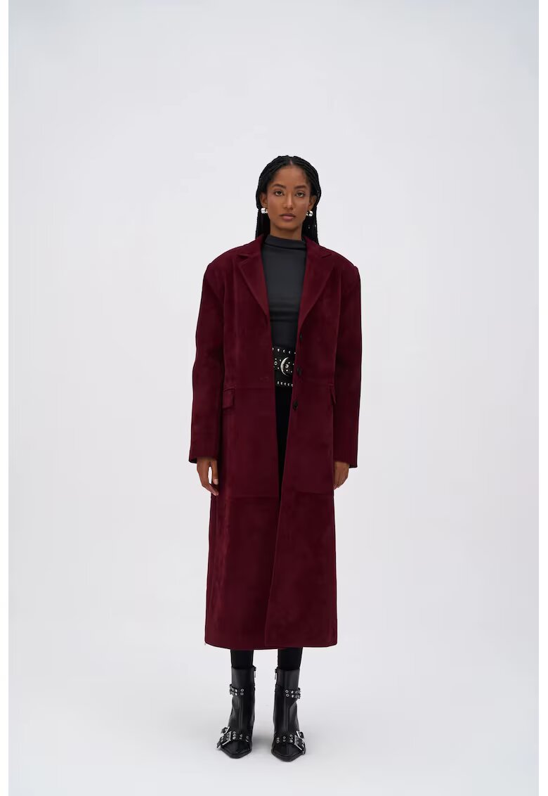 Mai Collection Palton dama - HiCCUP - trenci piele intoarsa - rosu burgundi - textil -