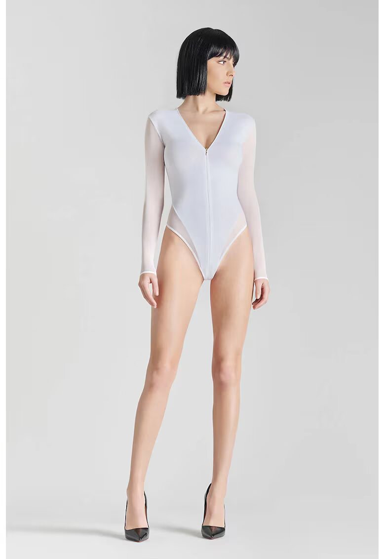 Maison Close Body transparent cu mânecă lungă și deschidere frontală prin fermoar - - Alb