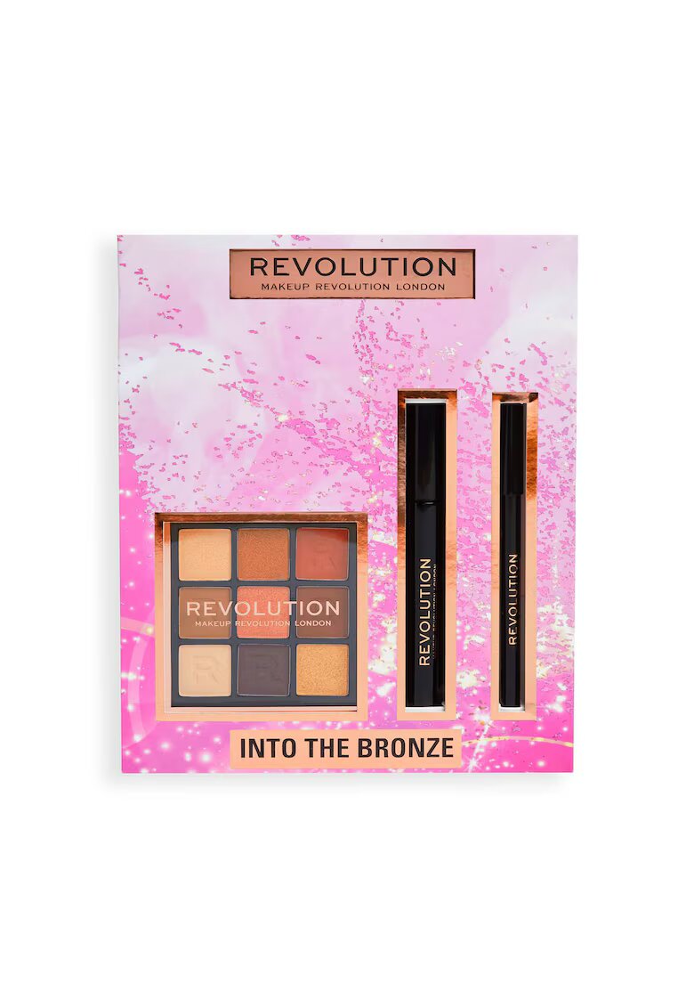 Makeup Revolution Set machiaj Into The Bronze Eye - Paleta de fard de pleoape Ultimate Desire 9x0 - 9 g + Rimel negru de volum si alungire 8 g + Eyeliner Kajal negru 1 g