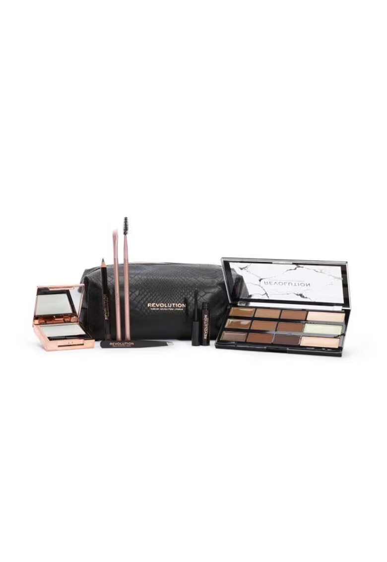Makeup Revolution Set pentru sprancene Brow Shaping - Sapun Styler​ - Gel Clear Brow - Paleta Ultimate Brow Palette - Creion pentru sprancene - Creion pentru definirea sprancenelor - Penseta - Perie Brow Spoolie​ Brush - Perie pentru sprancene - Geanta