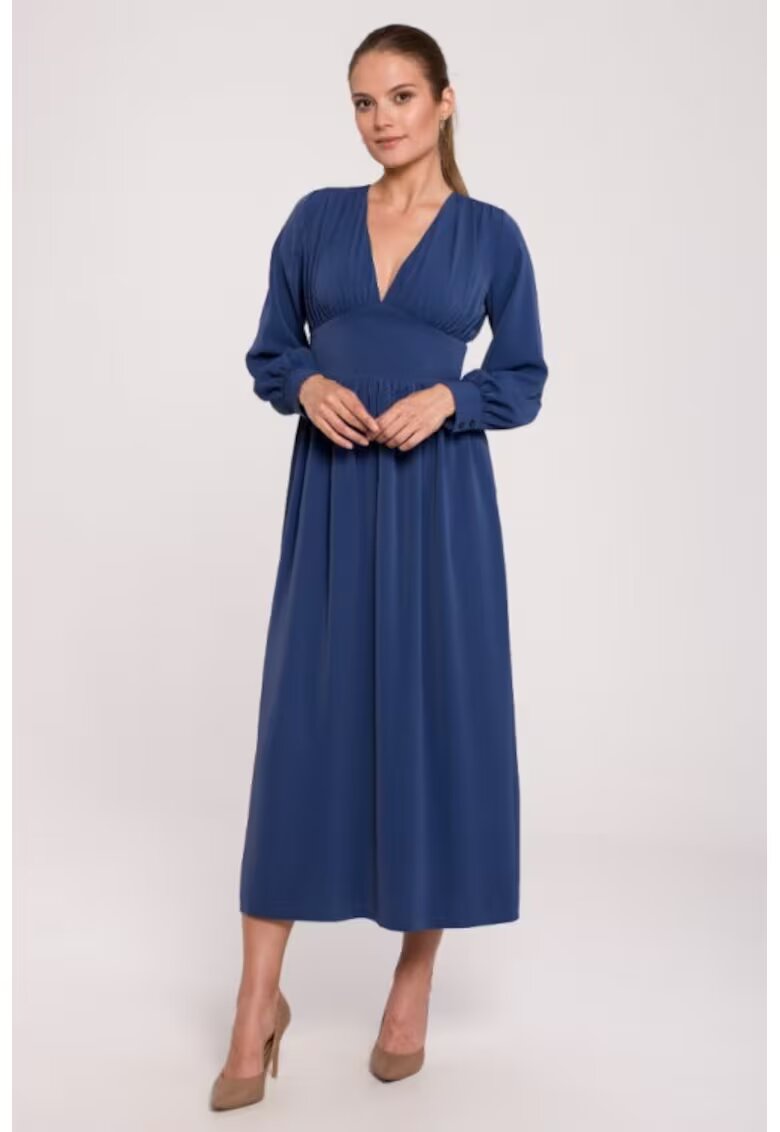 Makover Rochie maxi cambrata in talie cu decolteu in V - - Albastru