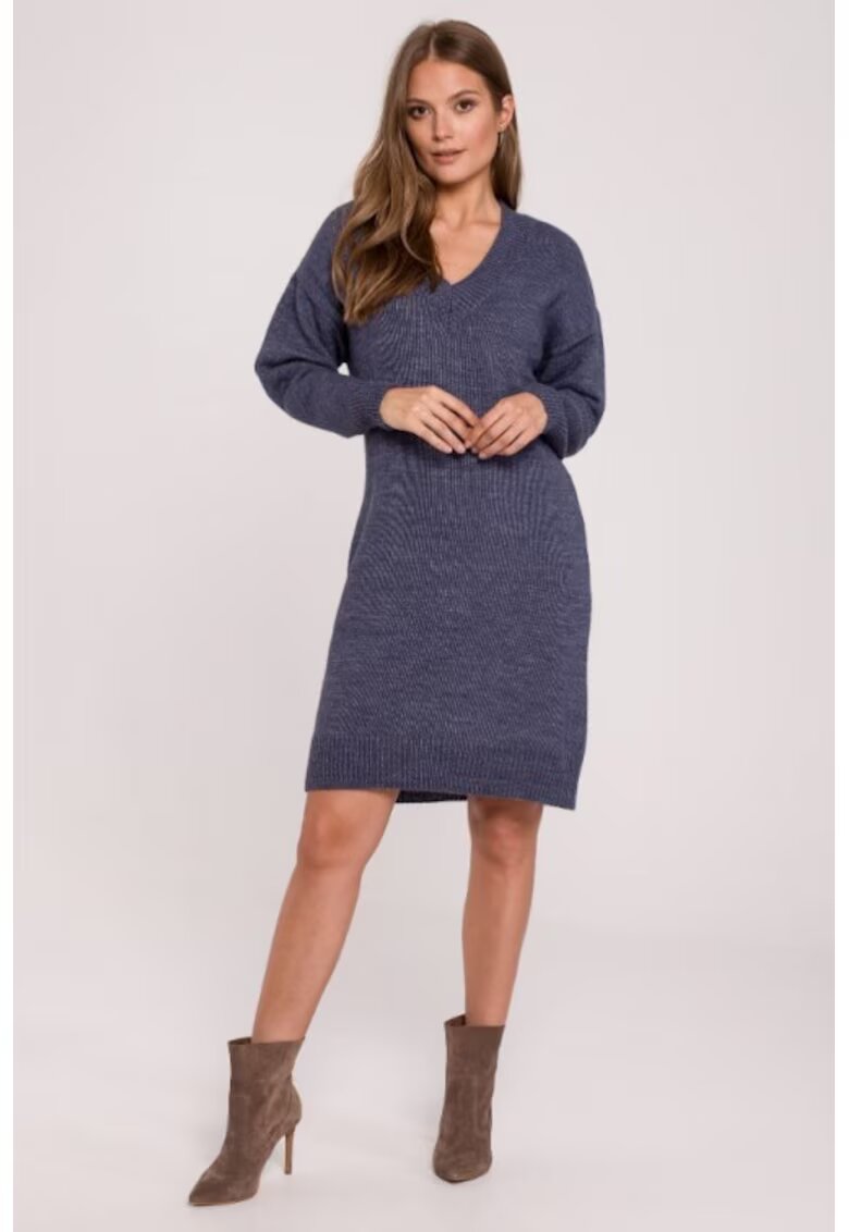 Makover Rochie tip pulover cu decolteu in V - - Albastru