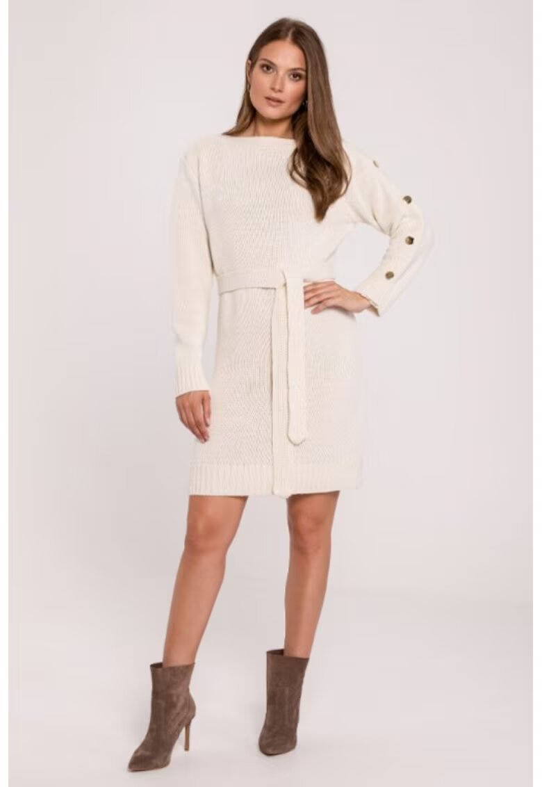 Makover Rochie tip pulover cu nasturi decorativi pe maneci - - Ecru
