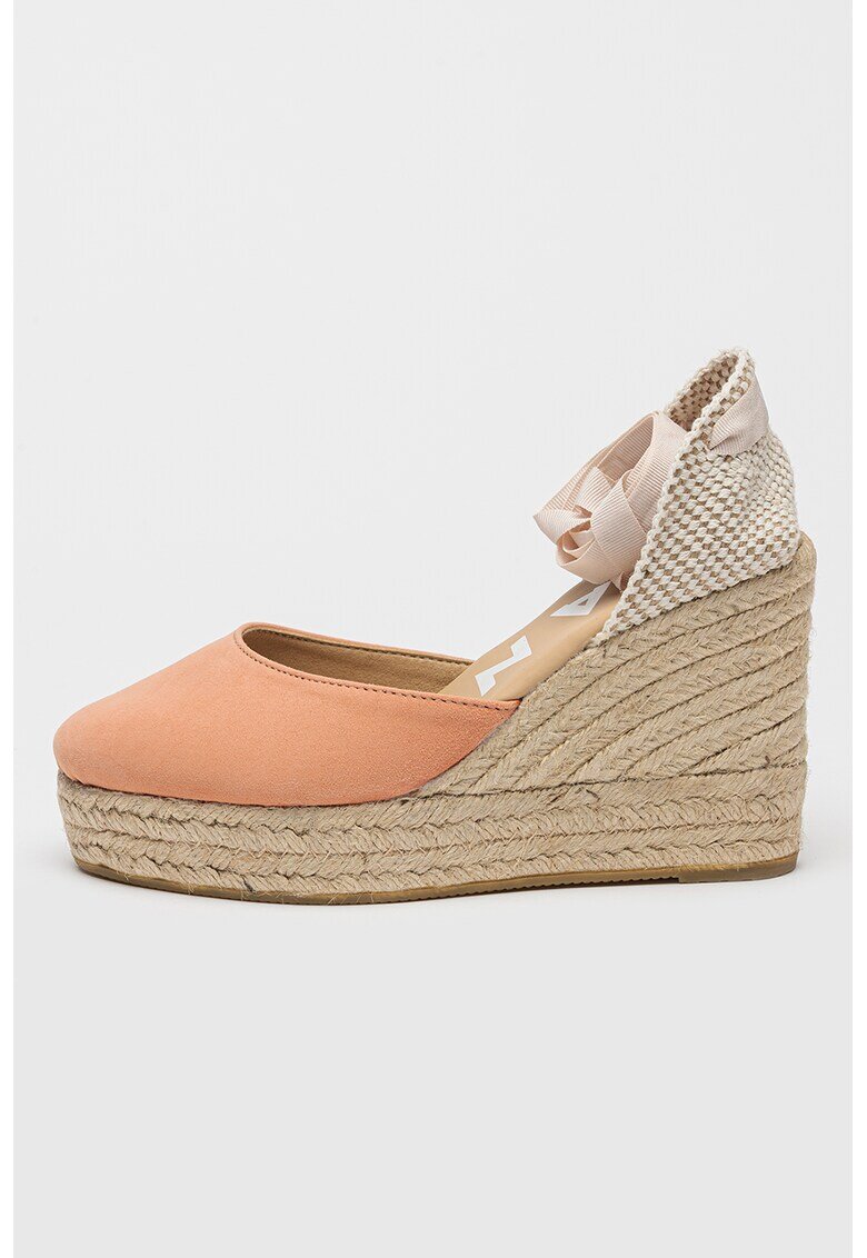 Manebi Sandale-espadrile wedge de piele - Alb/Roz somon/Maro deschis