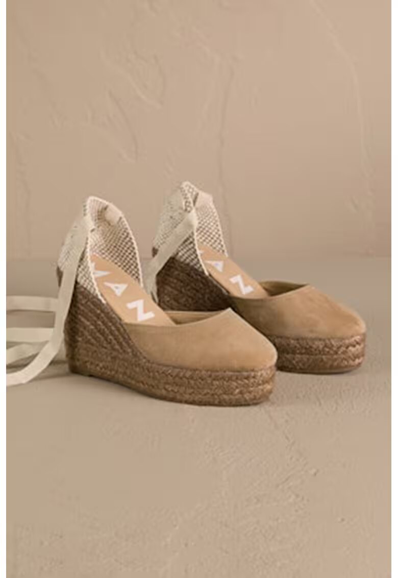 Manebi Sandale wedge de piele cu bareta infasurabila - Alb fildes/Maro taupe deschis