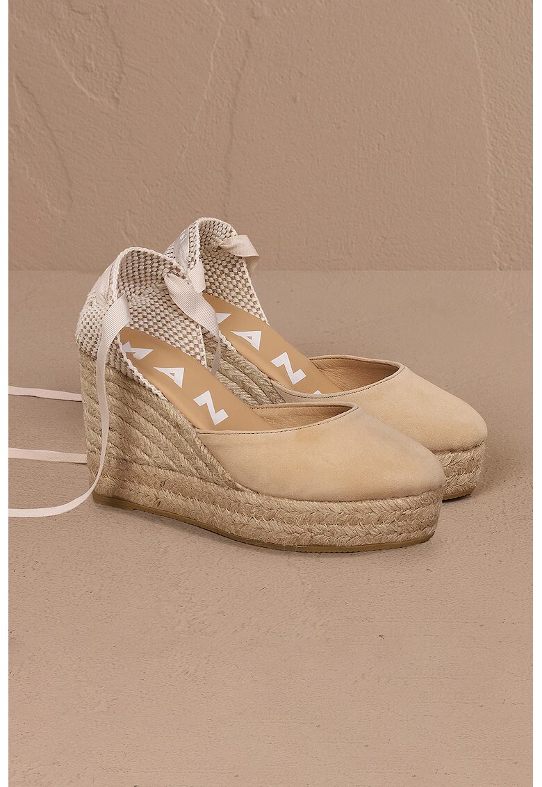Manebi Sandale wedge de piele cu bareta infasurabila - Bej deschis