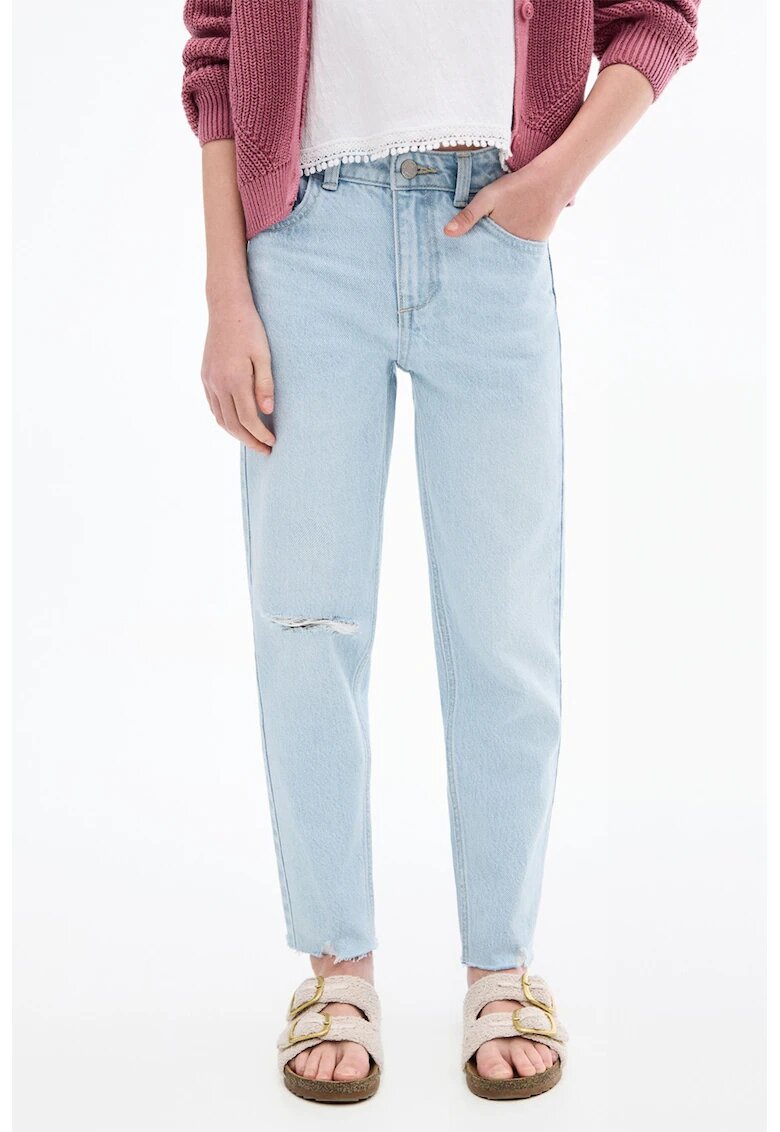 MANGO Blugi mom fit cu detalii cu aspect deteriorat - Albastru deschis