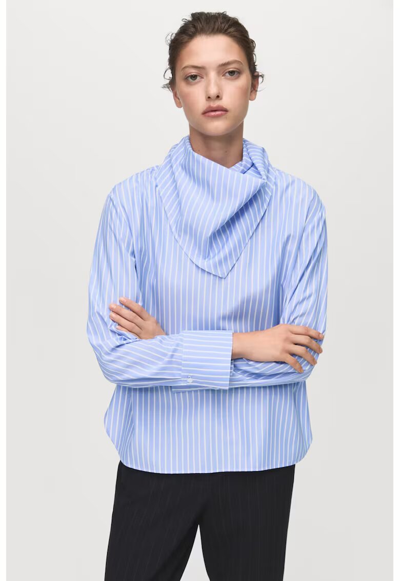 MANGO Bluza cu model in dungi si accesorizata cu esarfa - Alb/Albastru azur