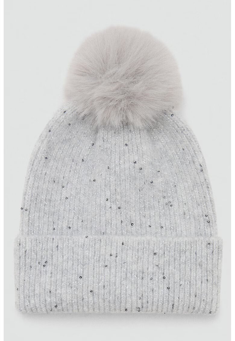 MANGO Caciula din tricot cu ciucure - Gri deschis