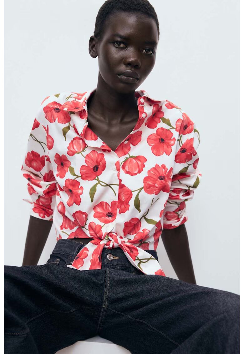 MANGO Camasa cu imprimeu floral si nod frontal - Alb/Verde/Rosu stins