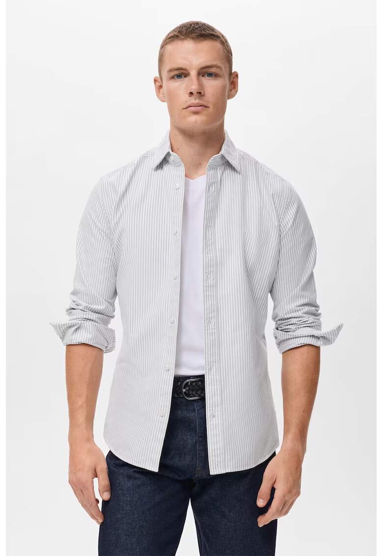 MANGO Camasa slim fit in dungi cu guler ascutit - Alb/Gri inchis
