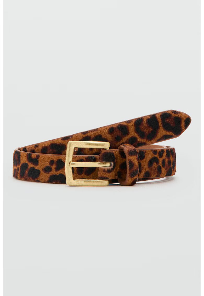 MANGO Curea de piele cu par scurt si animal print - Negru/Maro scortisoara