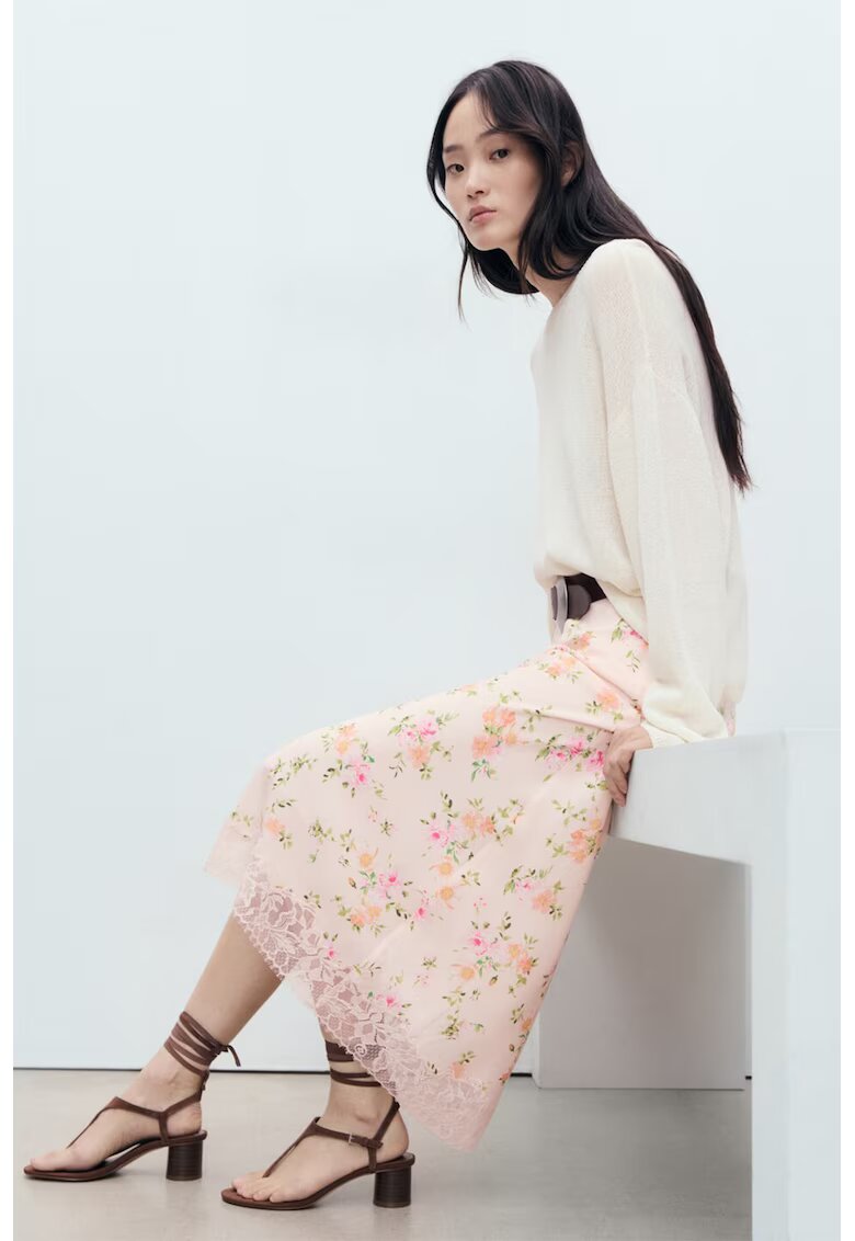 MANGO Fusta cu model floral si terminatie de dantela Bias - Verde/Portocaliu/Roz pal