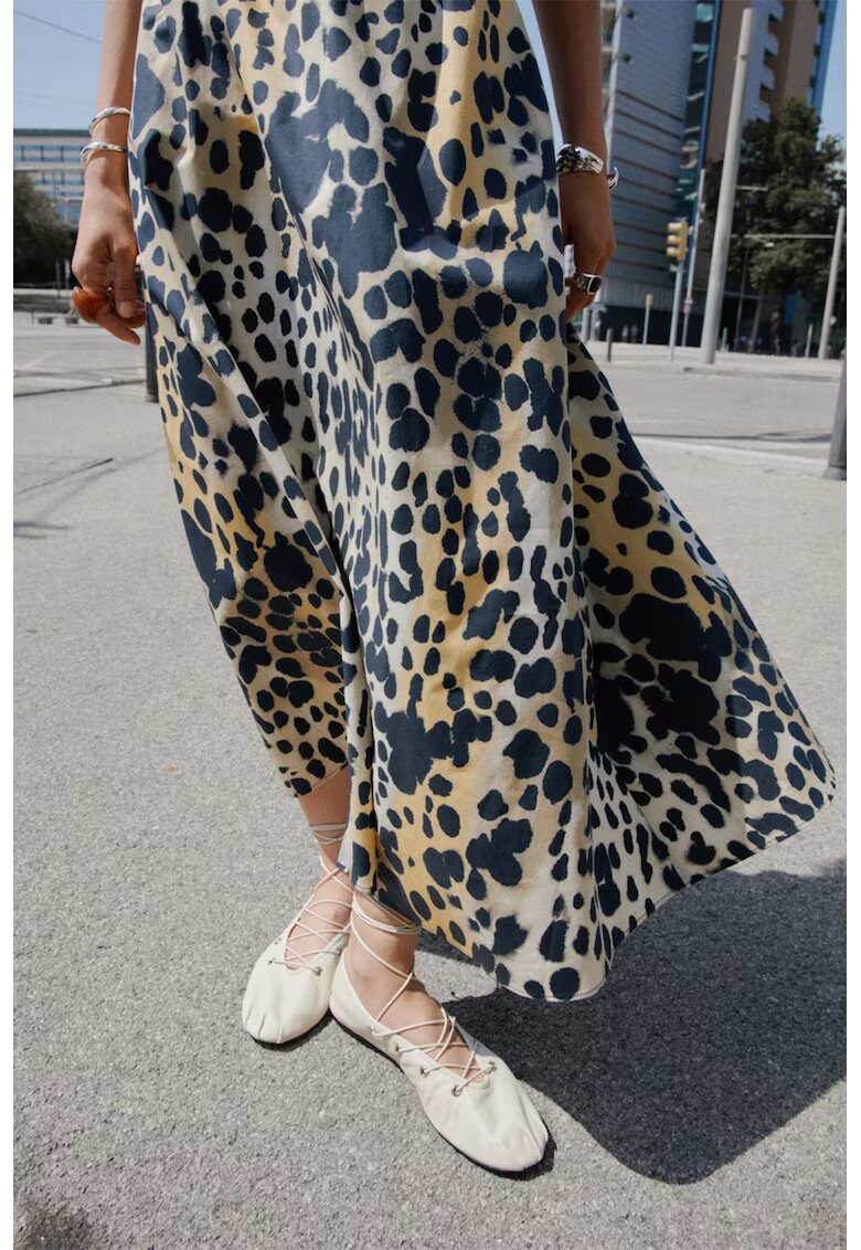 MANGO Fusta midi cu animal print - Alb/Negru/Portocaliu pal