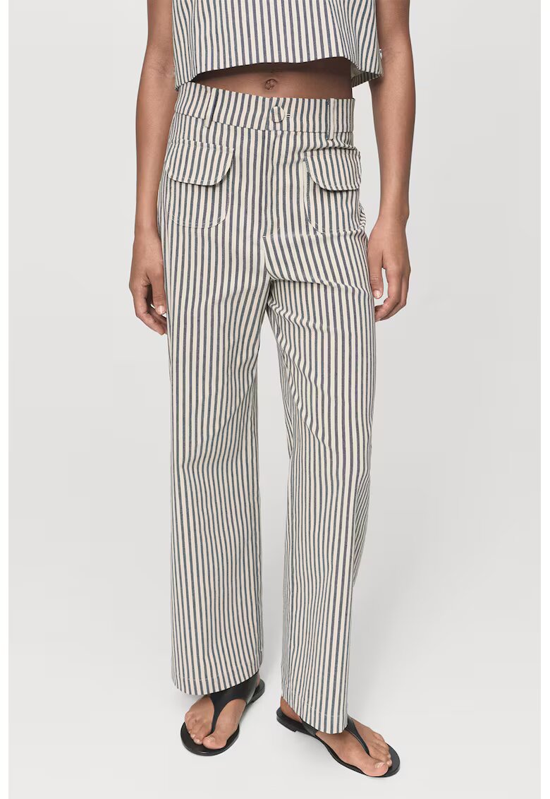 MANGO Pantaloni cu croiala dreapta si model in dungi - Alb murdar/Gri inchis