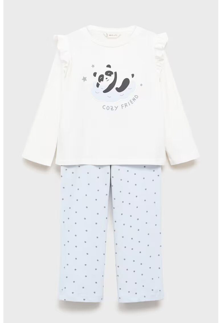 MANGO Pijama de bumbac cu imprimeu Panda - Alb/Albastru deschis