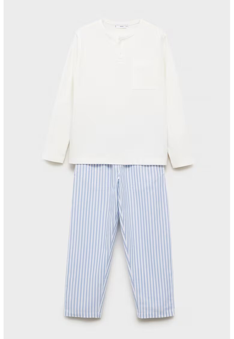 MANGO Pijama lunga cu decolteu la baza gatului si model in dungi - Alb/Albastru