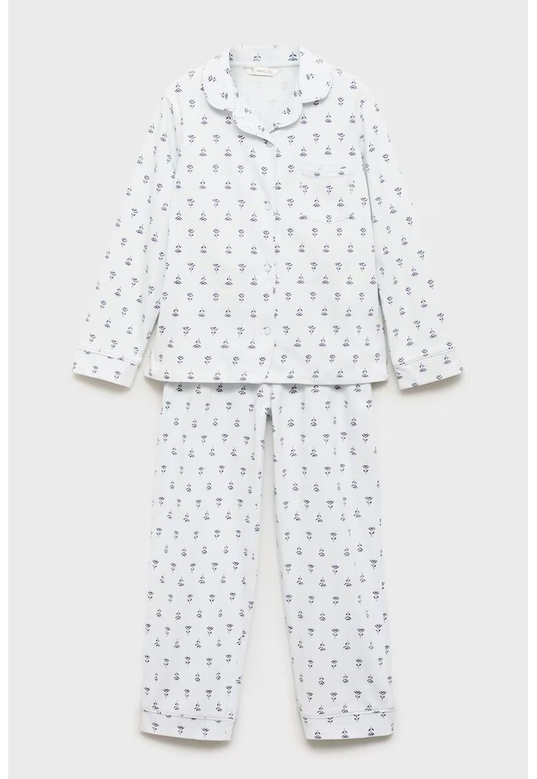 MANGO Pijama lunga cu model grafic - Alb/Albastru inchis