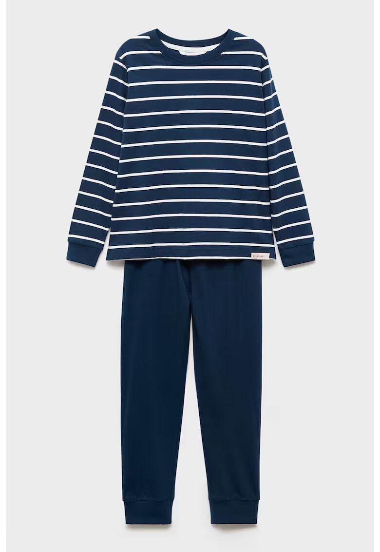 MANGO Pijama lunga din bumbac cu model in dungi - Alb/Bleumarin