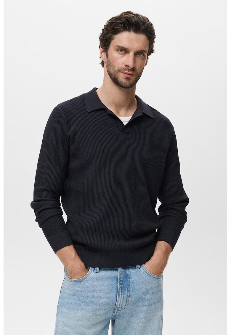 MANGO Pulover polo striat din amestec de bumbac - Albastru ultramarin