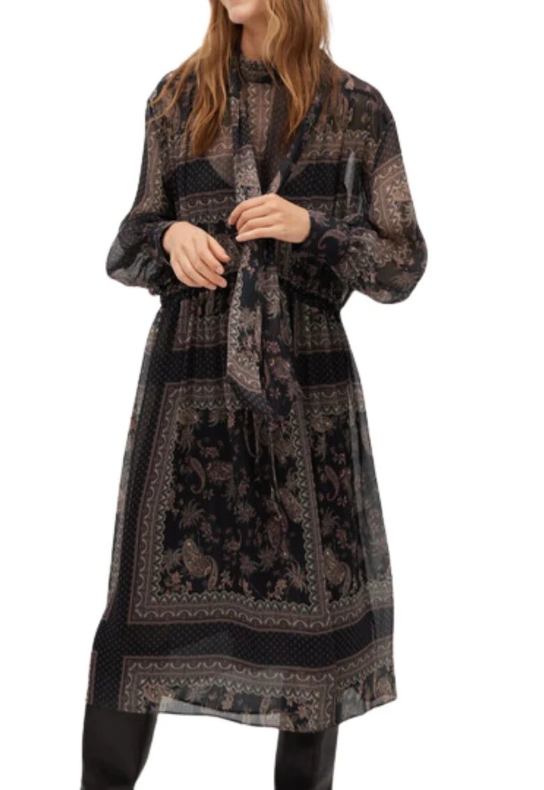 MANGO Rochie midi - neagra - poliester - guler ridicat - evazata -
