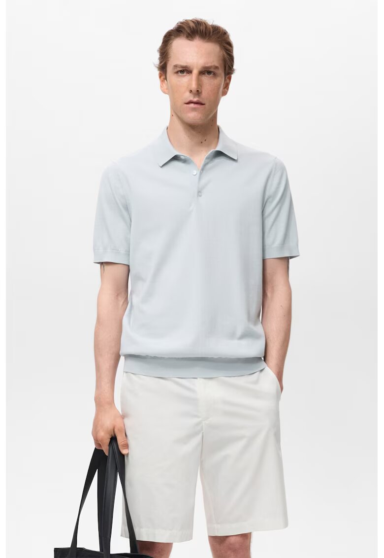 MANGO Tricou polo tricotat fin - Albastru deschis