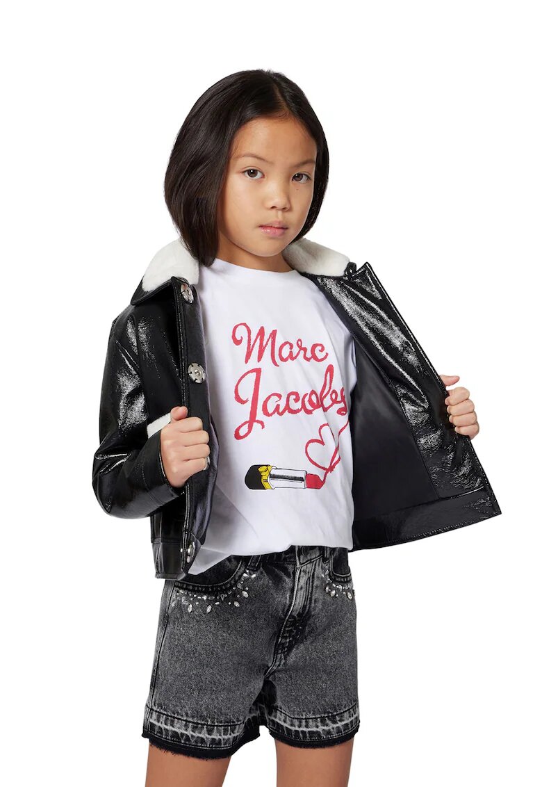 Marc Jacobs Tricou cu logo si decolteu la baza gatului - Alb optic/Rosu vermillion