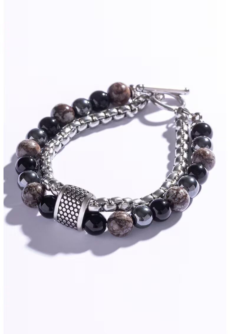 Marc Malone Bratara cu siraguri duble si decorata cu obsidian si hematite - Negru/Maro/Gri