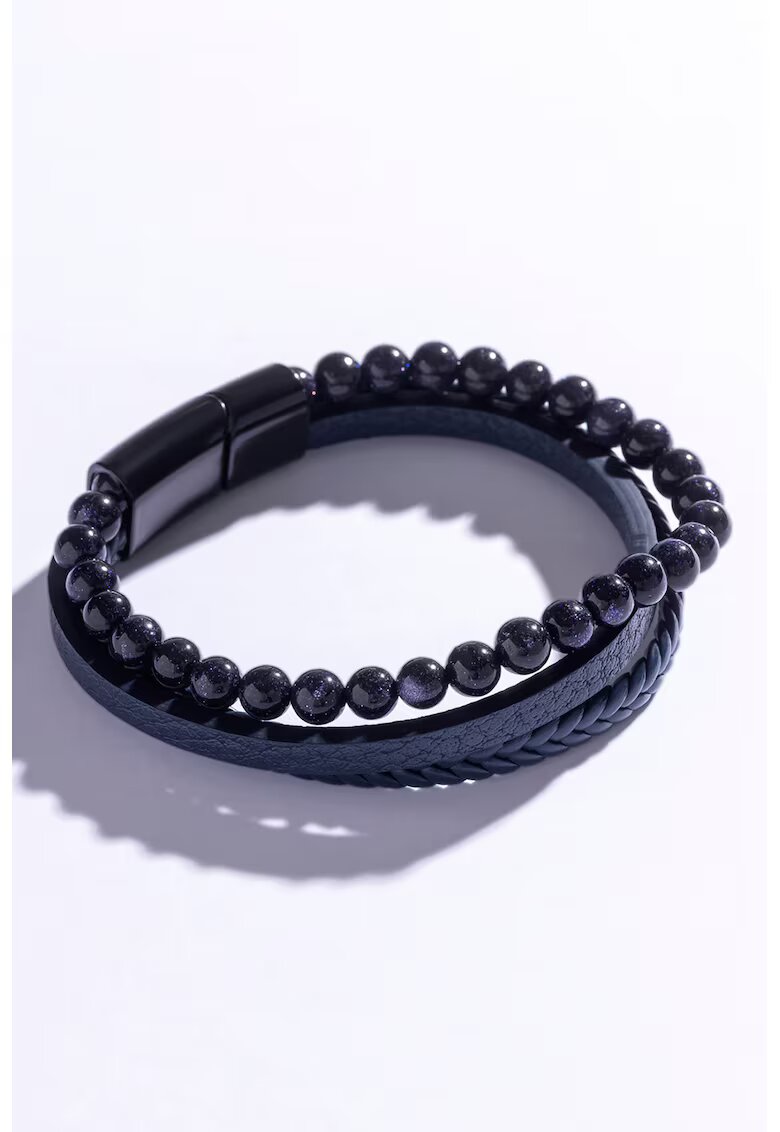 Marc Malone Bratara de piele ecologica cu siraguri multiple si pietre decorative - Negru