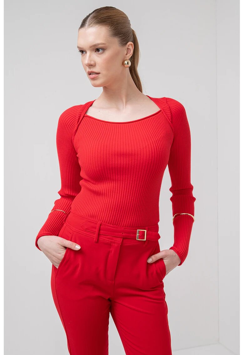 Marella Pulover slim fit cu striatii si decolteu rotund Debutto - Rosu vermillion