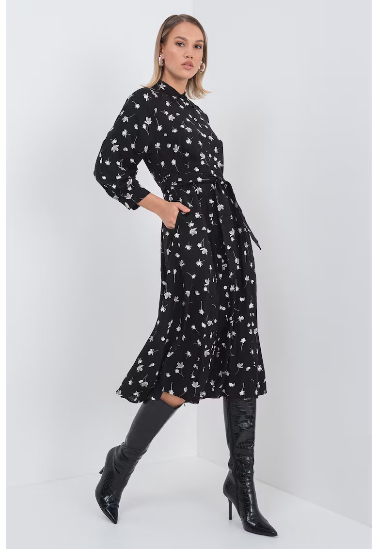 Marella Rochie midi cu model floral si maneci trei sferturi - Negru/Grej