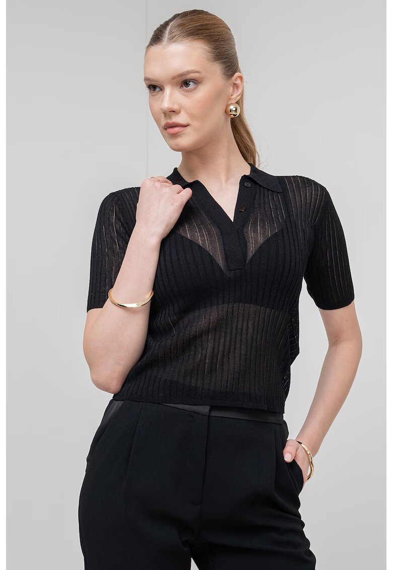 Marella Tricou polo semitransparent cu model striat Torbole - Negru