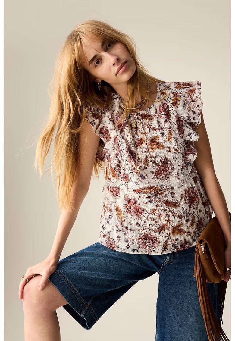 Marks  Spencer Bluza cu model si maneci cu volane - Alb/Maro/Crem