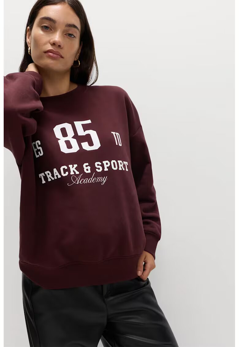 Marks & Spencer Bluza de trening cu croiala lejera si imprimeu text - Maro cognac/Alb optic