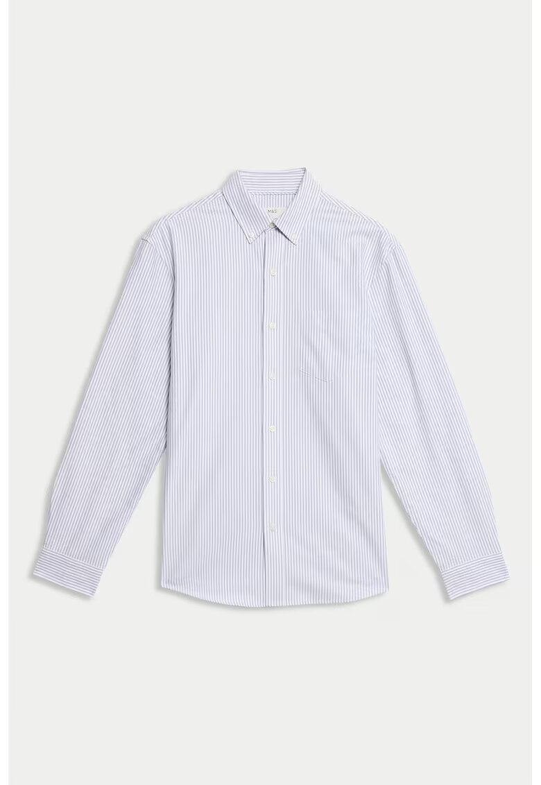 Marks  Spencer Camasa de bumbac cu dungi si buzunar pe piept - Alb