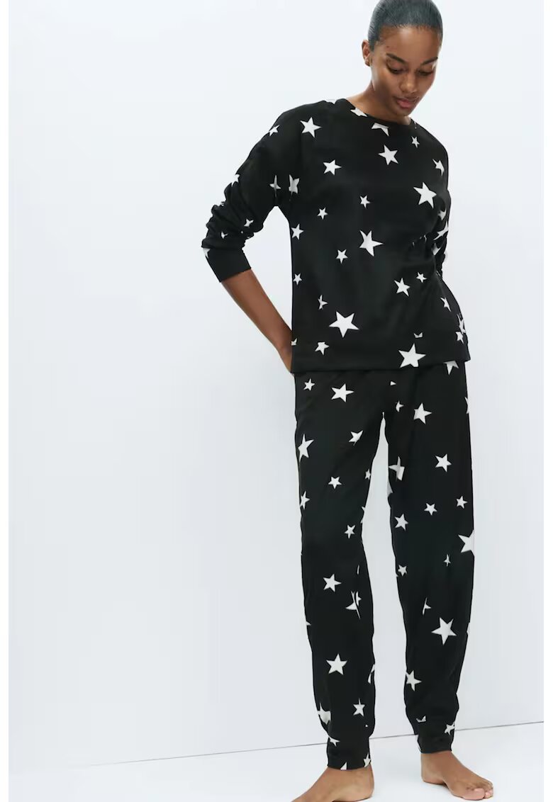 Marks & Spencer Pijama cu aspect de catifela cu model - Negru/Negru stins/Alb optic