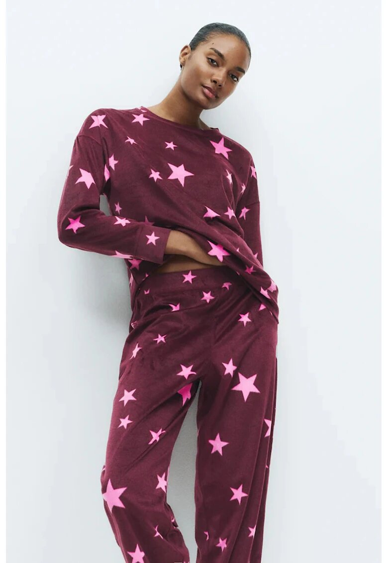 Marks & Spencer Pijama cu aspect de catifela cu model - Violet tyrian/Roz