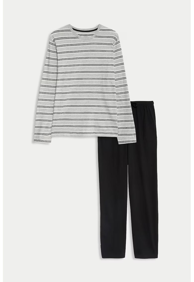 Marks  Spencer Pijama cu dungi si decolteu la baza gatului - Negru/Gri