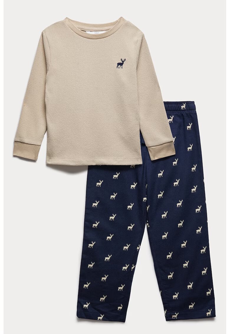 Marks  Spencer Pijama cu model si pantaloni lungi - Bej deschis/Bleumarin