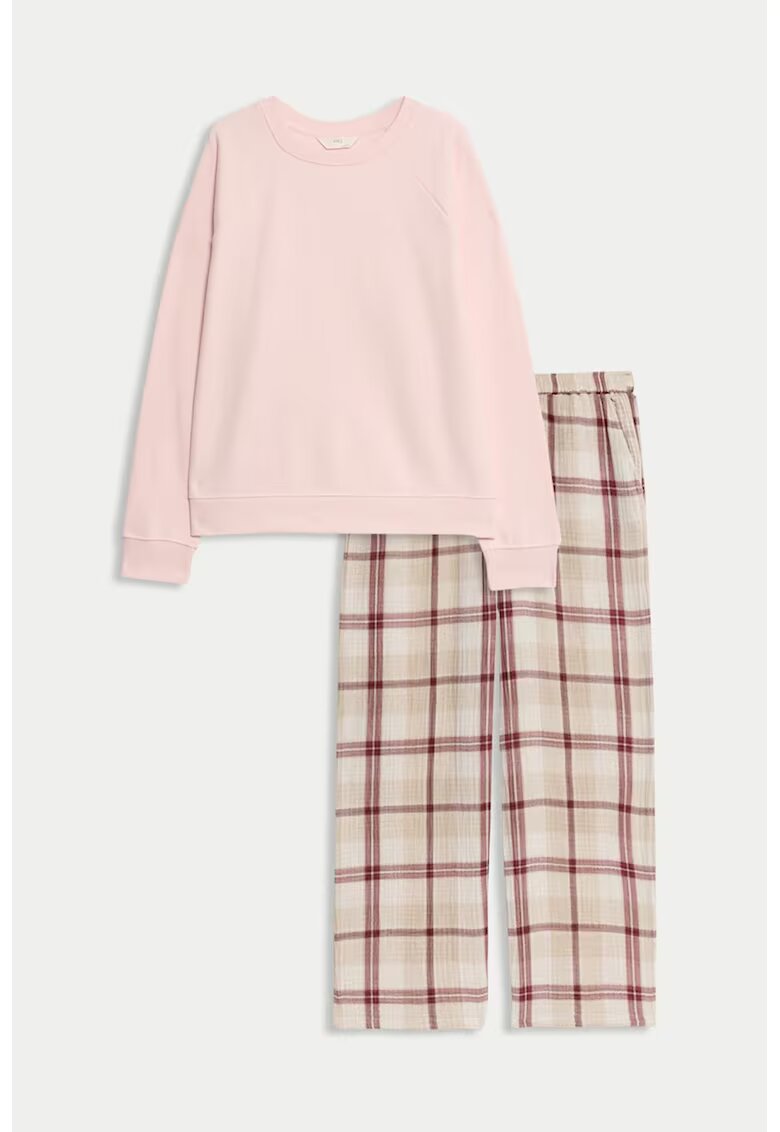 Marks & Spencer Pijama cu pantaloni lungi cu model in carouri - Bej/Roz
