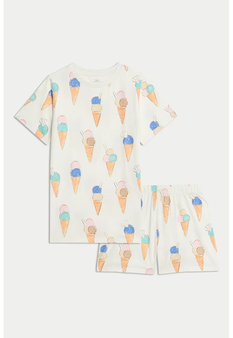 Marks  Spencer Pijama din bumbac cu model - Albastru inchis/Portocaliu pal/Crem