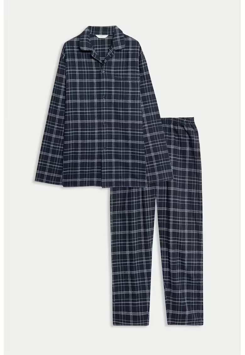 Marks & Spencer Pijama din bumbac cu model in carouri - Alb/Albastru ultramarin