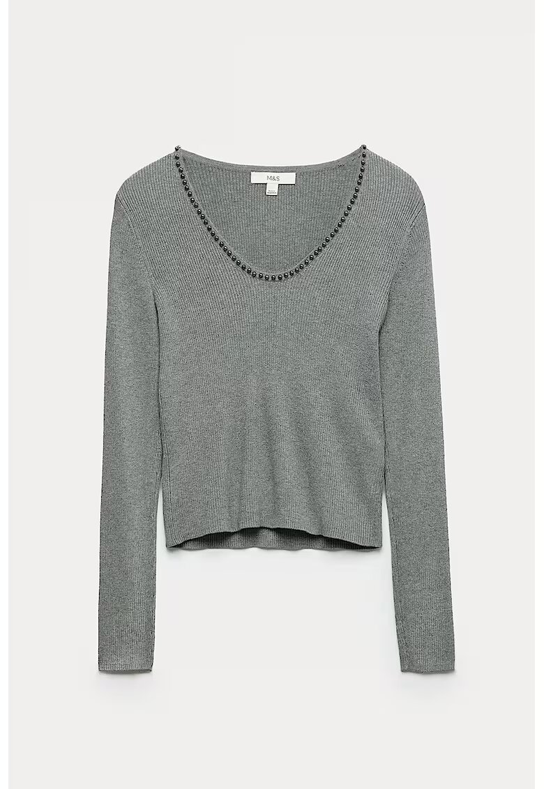 Marks & Spencer Pulover slim-fit cu aplicatie din margele - Gri melange